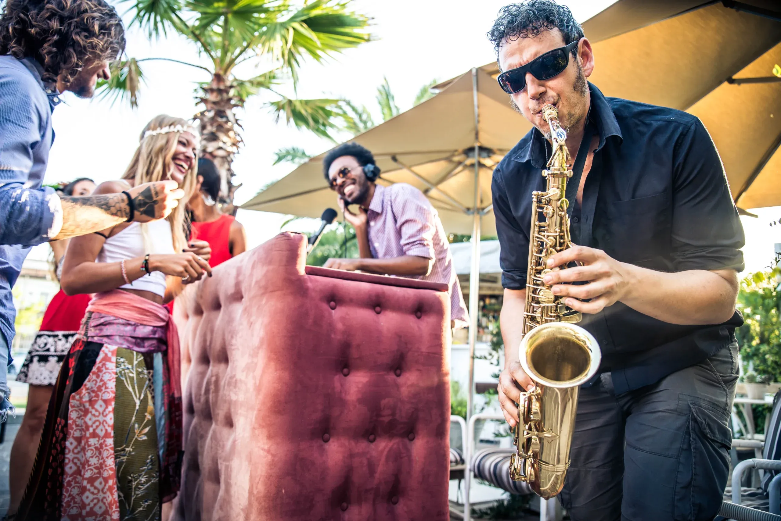 A jazz performance on an outdoor mountain stage