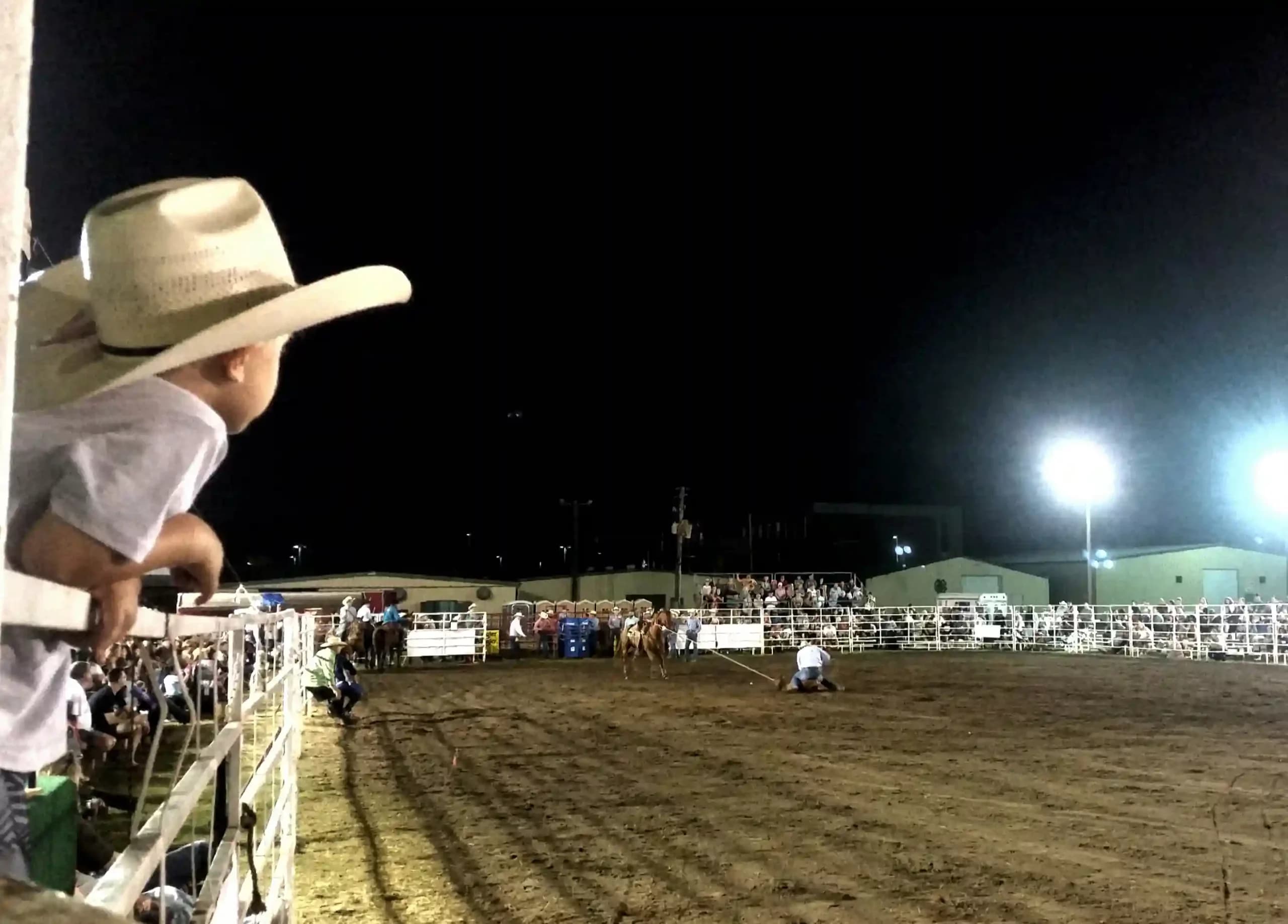 A young child watching a rodeo from the fence